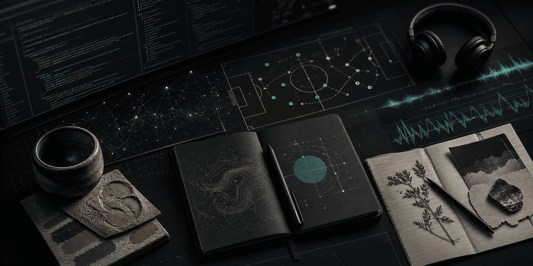 Dark workspace with code, project graphs, music waveforms, football tactics, notebooks, and ceramic textures.